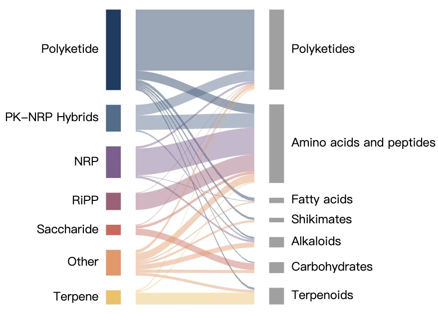 Sankey alluvial diagram showing compound classification relationships