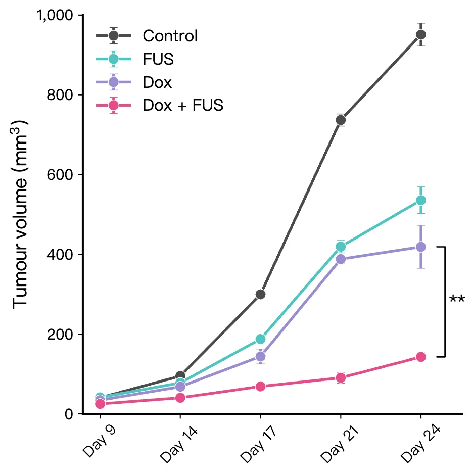 Tumor growth curve line chart comparing treatment and control groups